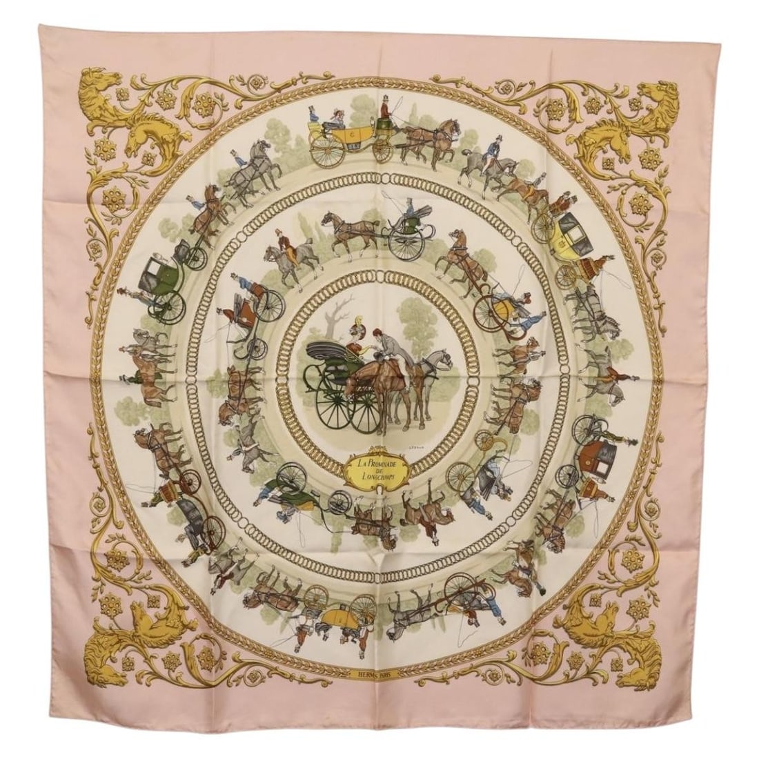 HERMES Carre 90 Scarf LA PROMENADE Pink Silk France: HERMES Carre 90 Scarf LA PROMENADE Pink Silk France This exquisite HERMES Carre 90 Scarf features the enchanting "LA PROMENADE" design in a lovely pink hue. Crafted in France from luxurious silk, this
