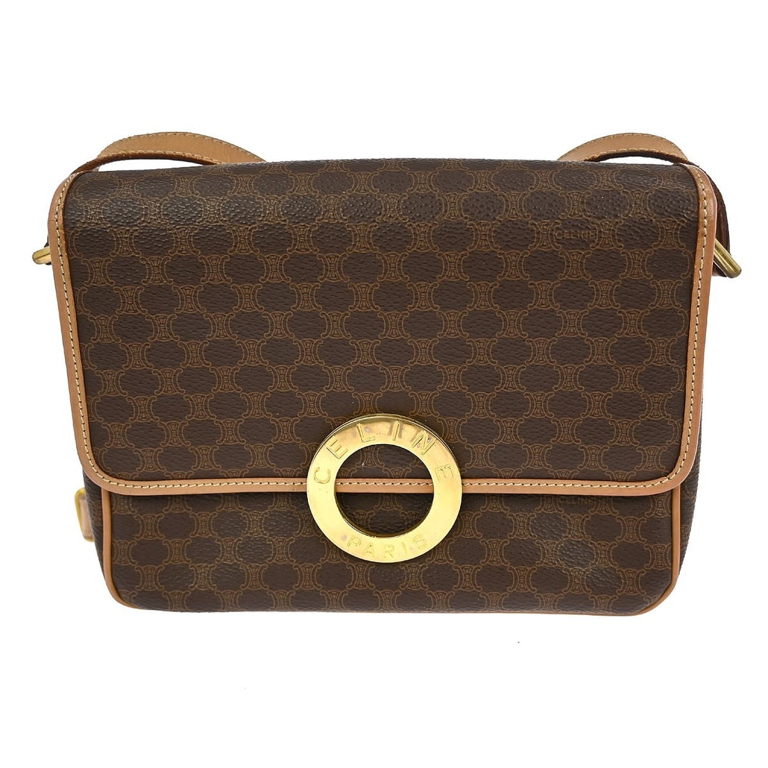 CELINE Macadam Brown PVC Shoulder Bag M14 NQ02507: CELINE Macadam Brown PVC Shoulder Bag M14 NQ02507 This stylish Celine Macadam Shoulder Bag in brown features a sleek design crafted from durable leather PVC. It is ideal for casual occasions and offer