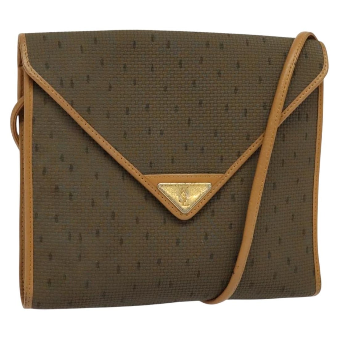 SAINT LAURENT Brown Gold PVC Leather Shoulder Bag 119580: SAINT LAURENT Brown Gold PVC Leather Shoulder Bag 119580 This SAINT LAURENT shoulder bag is crafted from durable PVC leather in a stylish brown and gold color combination. Designed for everyday use, i