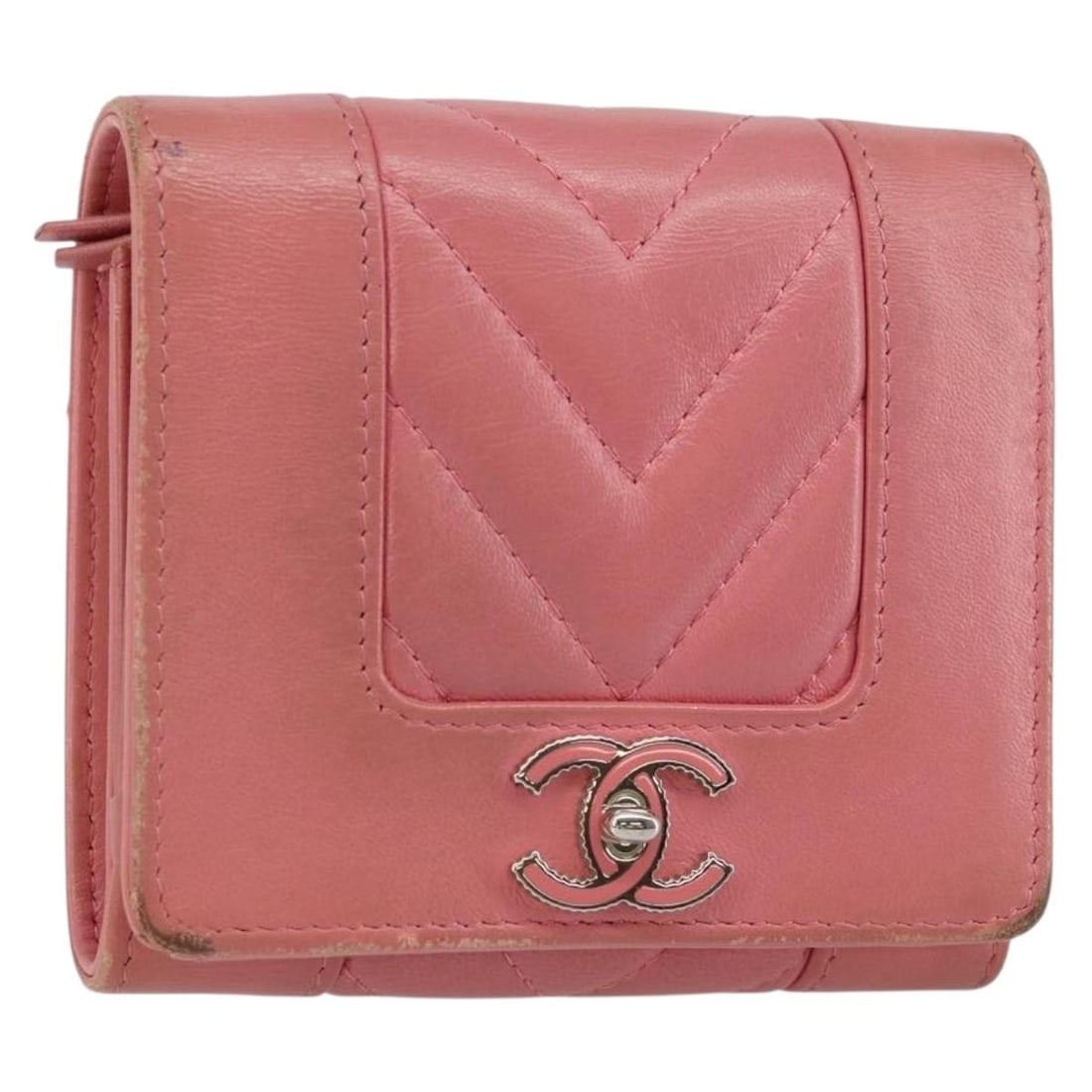 CHANEL V Stitch COCO Mark Pink Silver Lamb Skin Trifold Wallet Auth 146750: CHANEL V Stitch COCO Mark Pink Silver Lamb Skin Trifold Wallet Auth 146750 This CHANEL V Stitch COCO Mark Trifold Wallet is a luxurious accessory crafted from soft lambskin in a stunning pink and