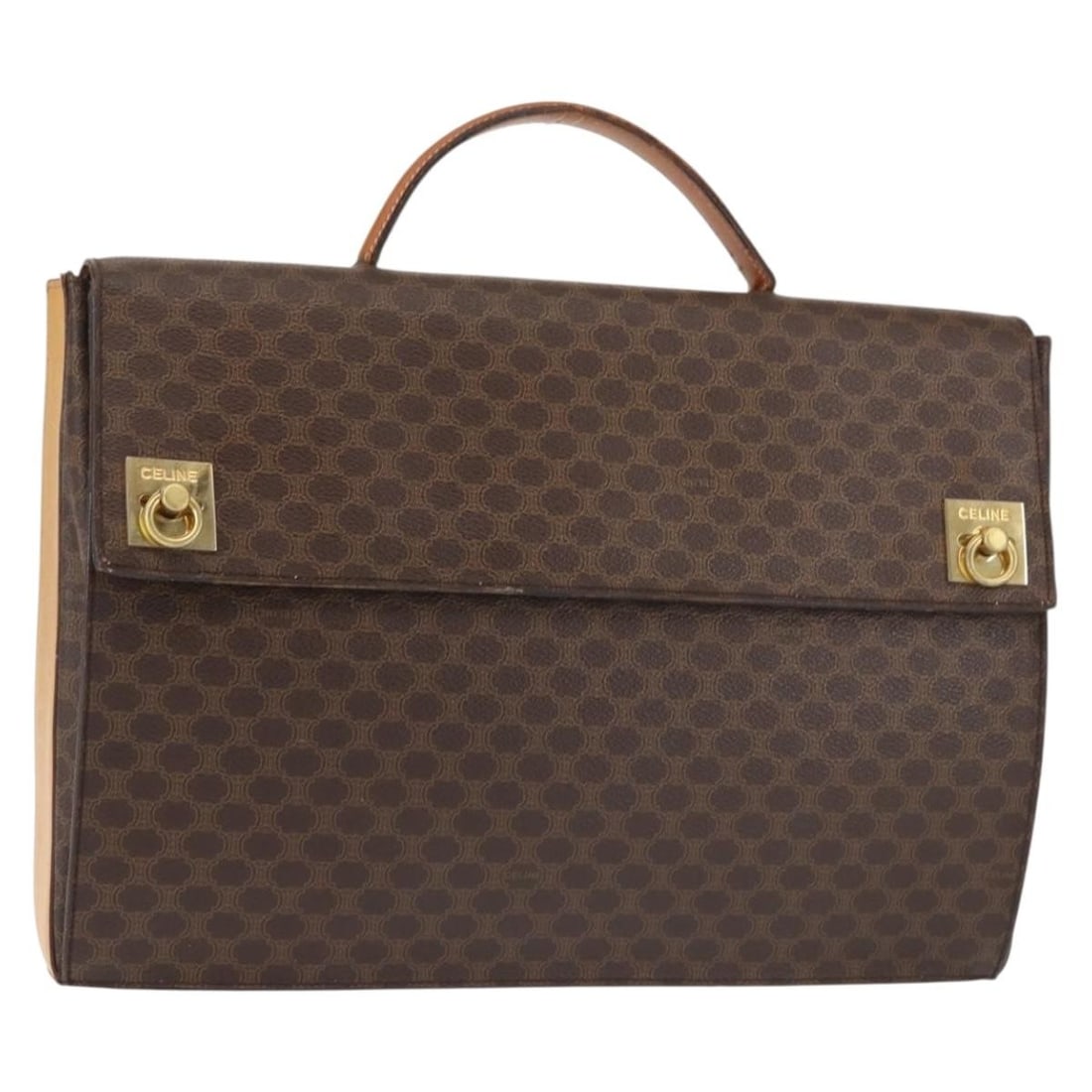 CELINE Macadam Hand Bag PVC Leather Brown Gold Made in Italy: CELINE Macadam Hand Bag PVC Leather Brown Gold Made in Italy This authentic Celine Macadam Canvas Hand Bag is a stylish accessory crafted in Italy, featuring a combination of PVC leather and Macadam c