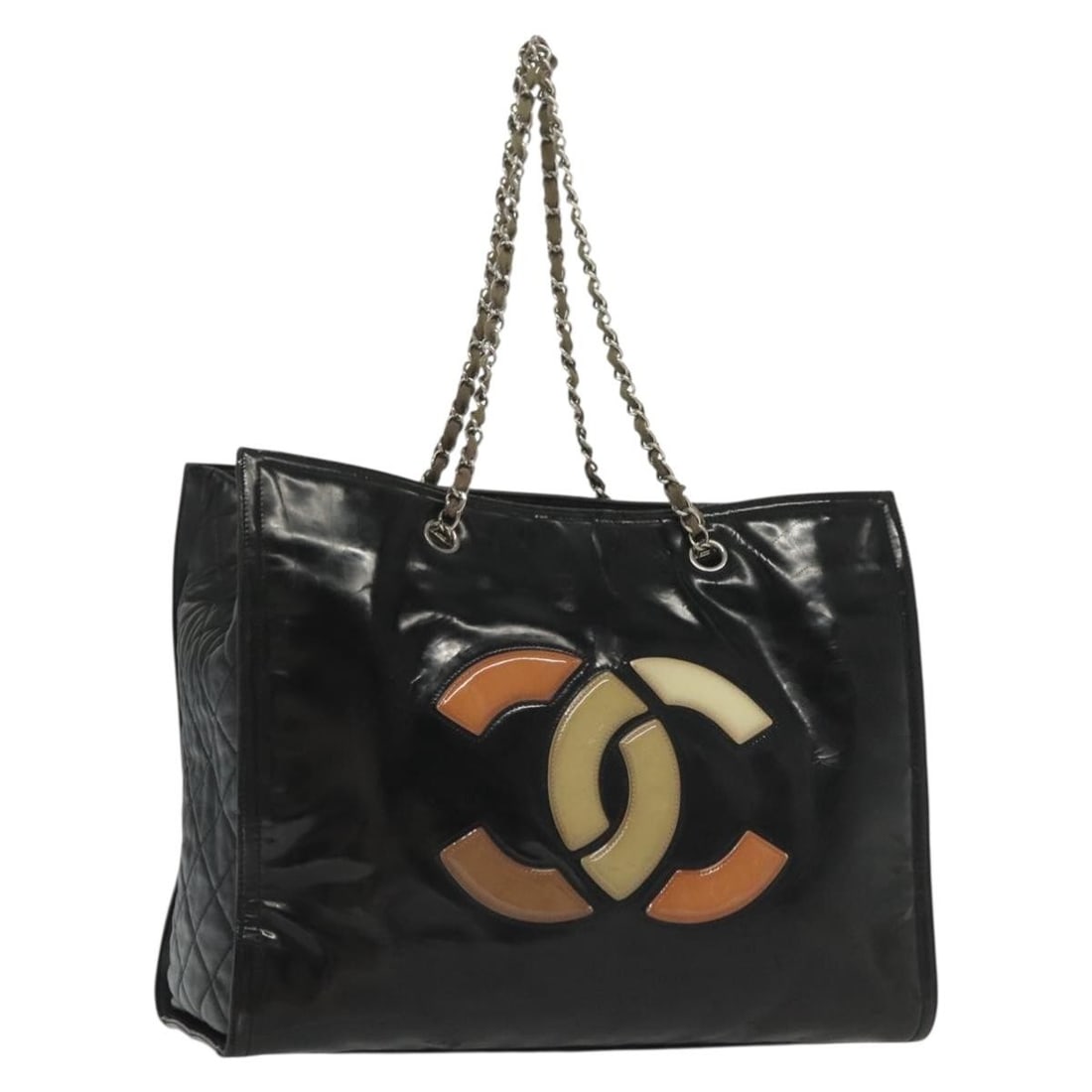 CHANEL Black Silver Enamel Chain Tote Bag Auth BS28675: CHANEL Black Silver Enamel Chain Tote Bag Auth BS28675 This CHANEL Chain Tote Bag is a stylish accessory crafted from black enamel, featuring silver accents. With an approximate height of 11.4 inches