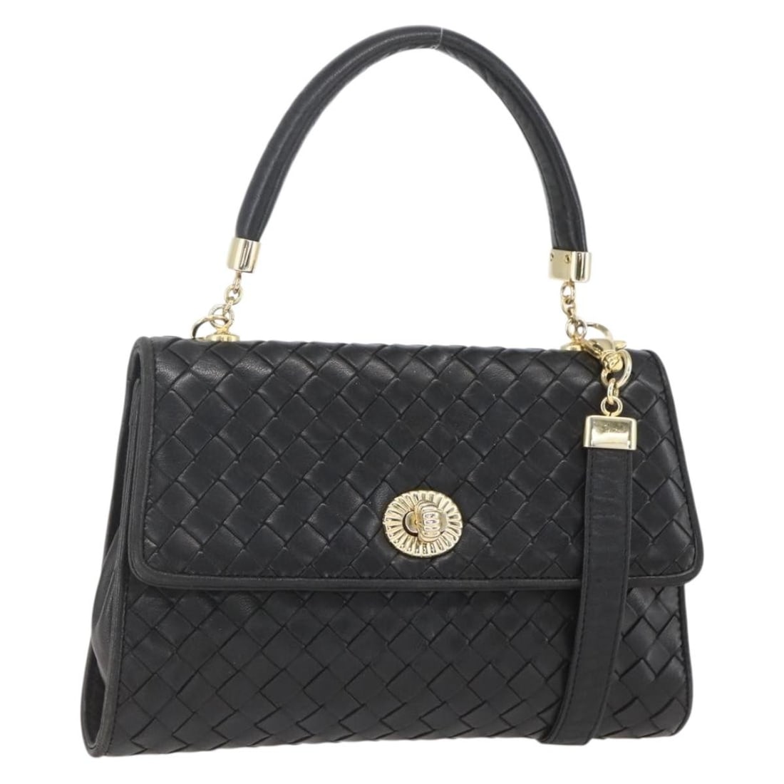 BOTTEGA VENETA Intrecciato Leather Hand Bag Black Gold 2-Way Auth (1 of 18)