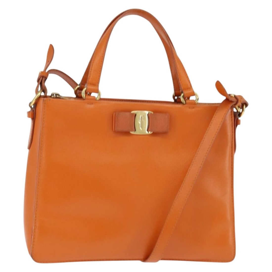 Salvatore Ferragamo Vala Tote Bag Leather Orange Gold Authentic (1 of 18)