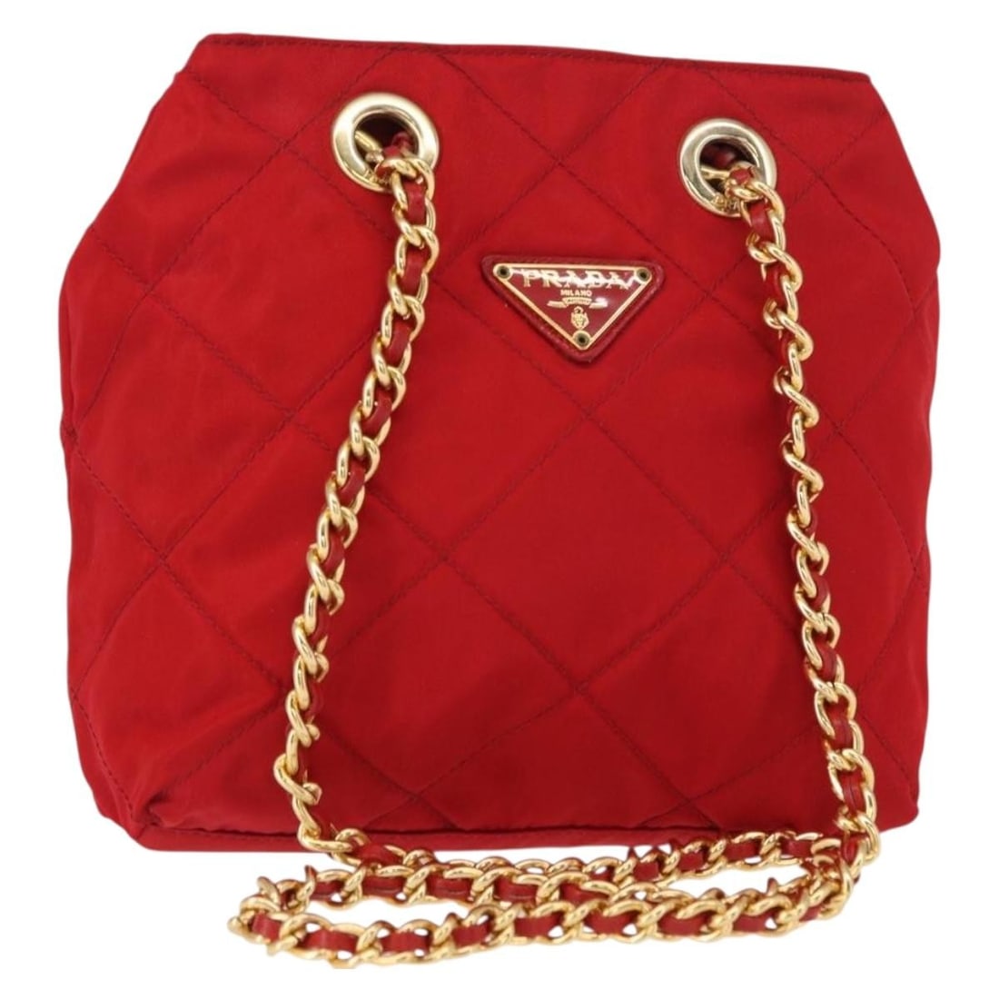 PRADA Red Gold Nylon Shoulder Bag Authentic Italy: PRADA Red Gold Nylon Shoulder Bag Authentic Italy This stylish PRADA Chain Shoulder Bag is crafted from high-quality nylon in a striking red and gold color combination. With a spacious design, the bag
