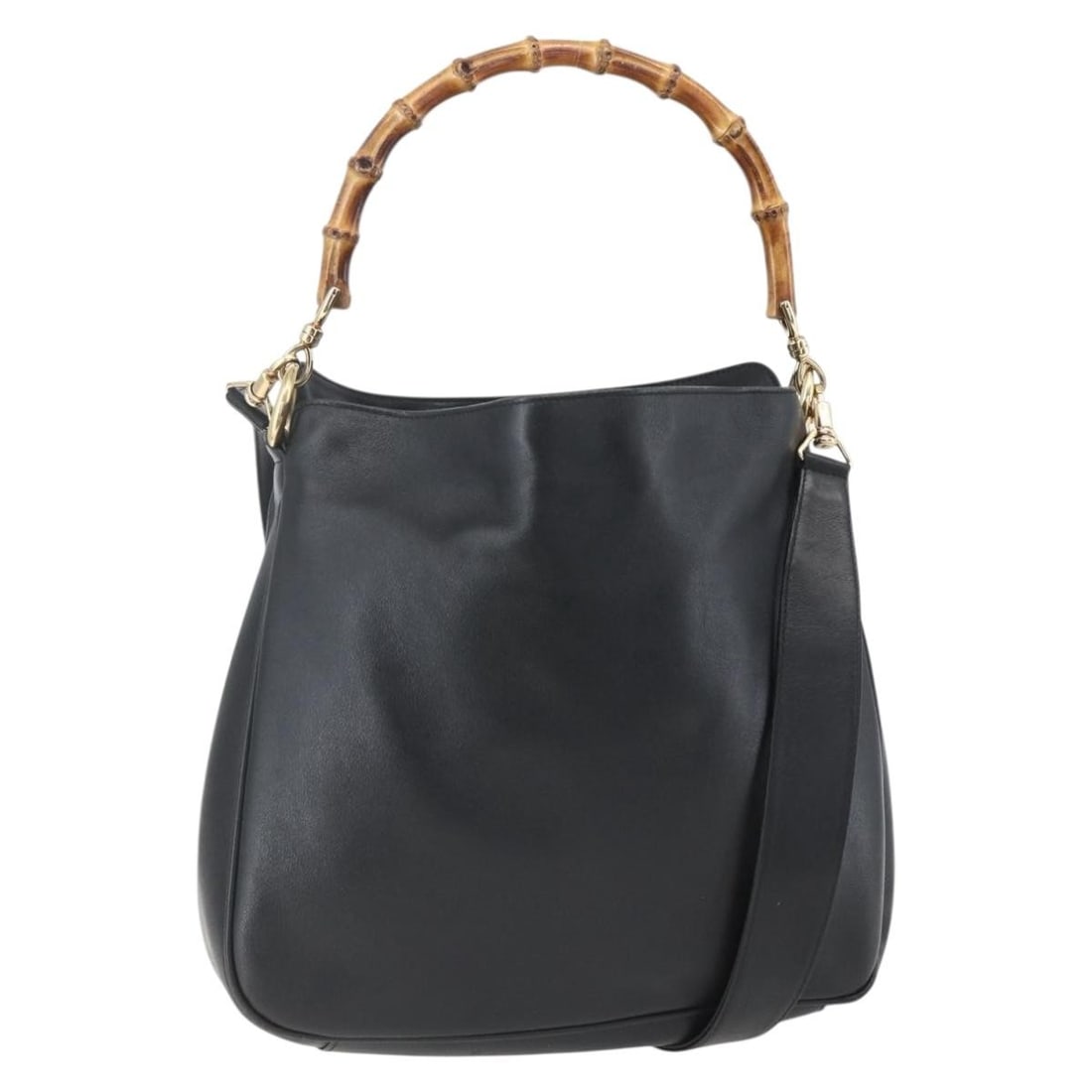 GUCCI Bamboo 2way Hand Bag Leather Black Gold 001 1998 1638 Auth: GUCCI Bamboo 2way Hand Bag Leather Black Gold 001 1998 1638 Auth This authentic GUCCI Bamboo Hand Bag combines elegance and practicality with its stylish black leather exterior accented by gold hardwa