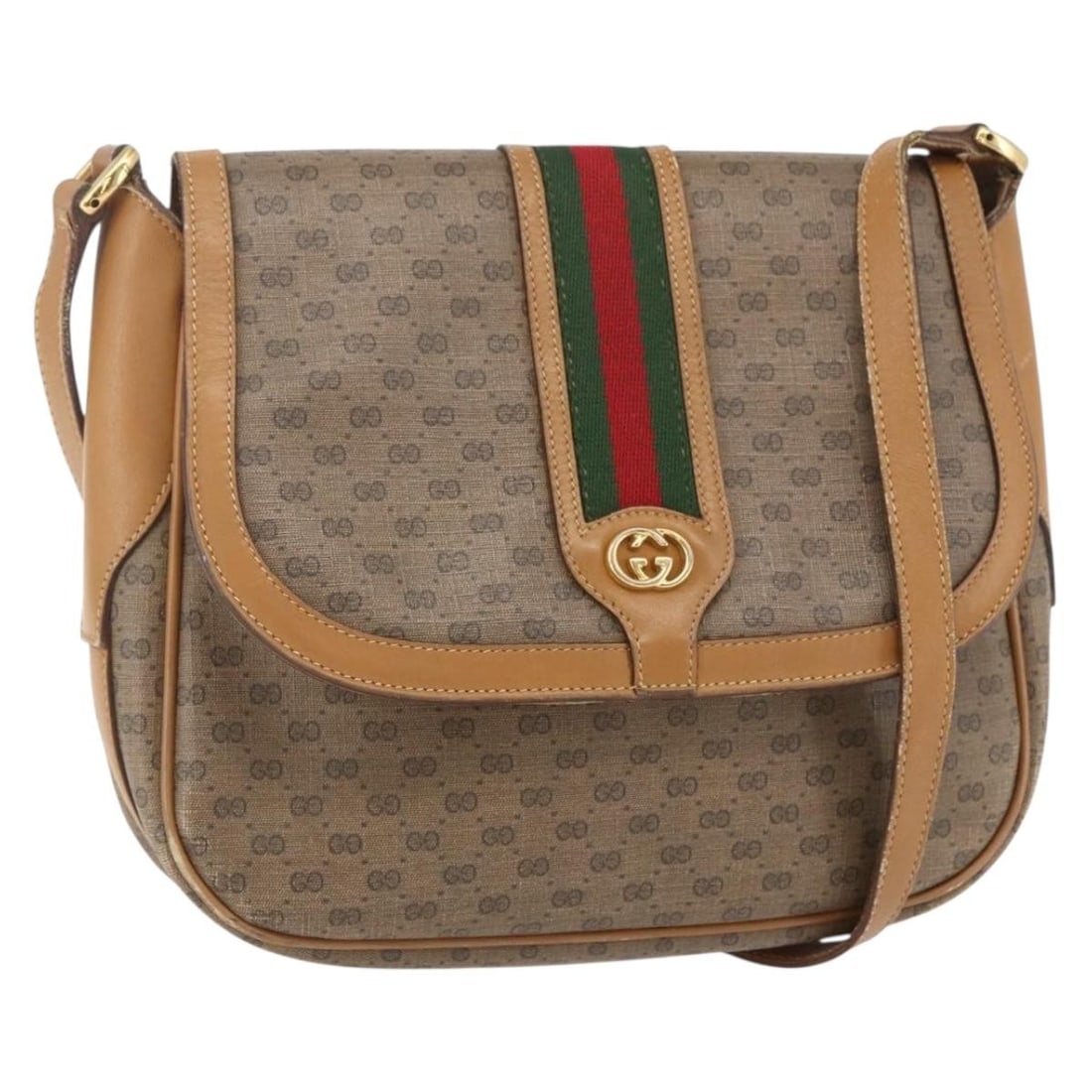 Beige PVC Micro GG Supreme Shoulder Bag by Gucci with Web Sherry Line: Beige PVC Micro GG Supreme Shoulder Bag by Gucci with Web Sherry Line This GUCCI Micro GG Supreme Web Sherry Line shoulder bag is crafted from beige PVC leather with gold-tone accents and features the