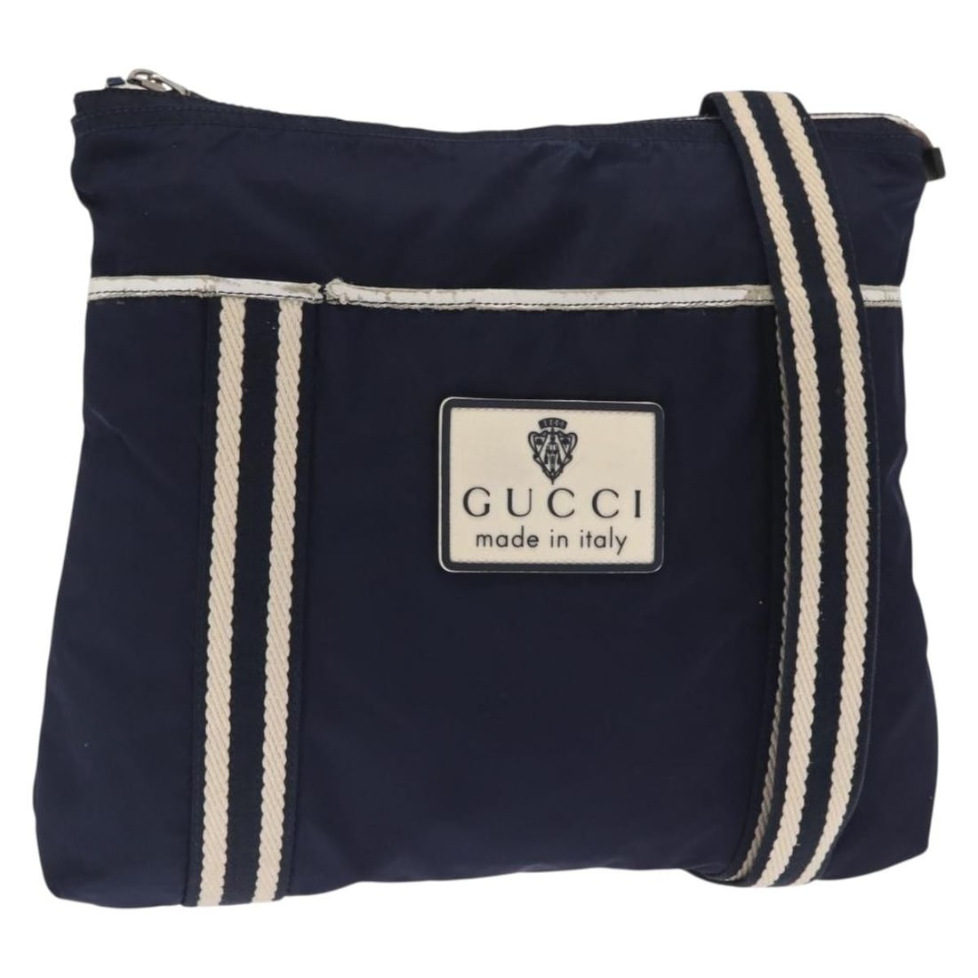Gucci Navy Nylon Shoulder Bag 189662 Silver Accent Italian Design: Gucci Navy Nylon Shoulder Bag 189662 Silver Accent Italian Design This Gucci shoulder bag features a navy and silver nylon exterior with silver-tone accents. Designed in Italy, the bag offers a spacio