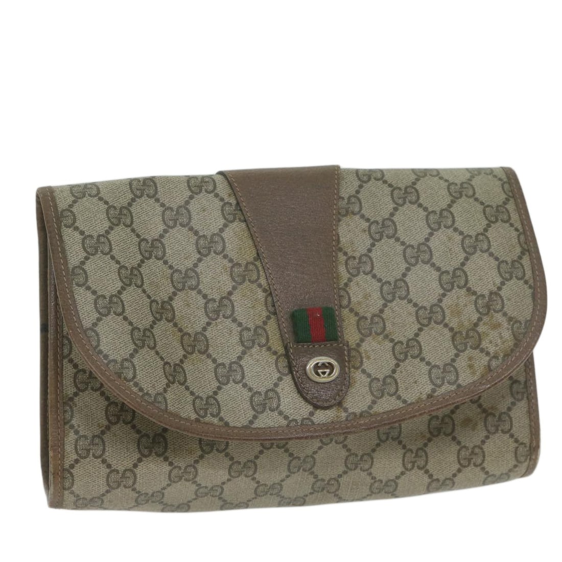 GUCCI GG Supreme Web Sherry Line Beige Clutch Bag PVC Italy Auth 89 01 030: GUCCI GG Supreme Web Sherry Line Beige Clutch Bag PVC Italy Auth 89 01 030 This authentic GUCCI GG Supreme Web Sherry Line Clutch Bag is a stylish accessory crafted from durable PVC leather. Designed