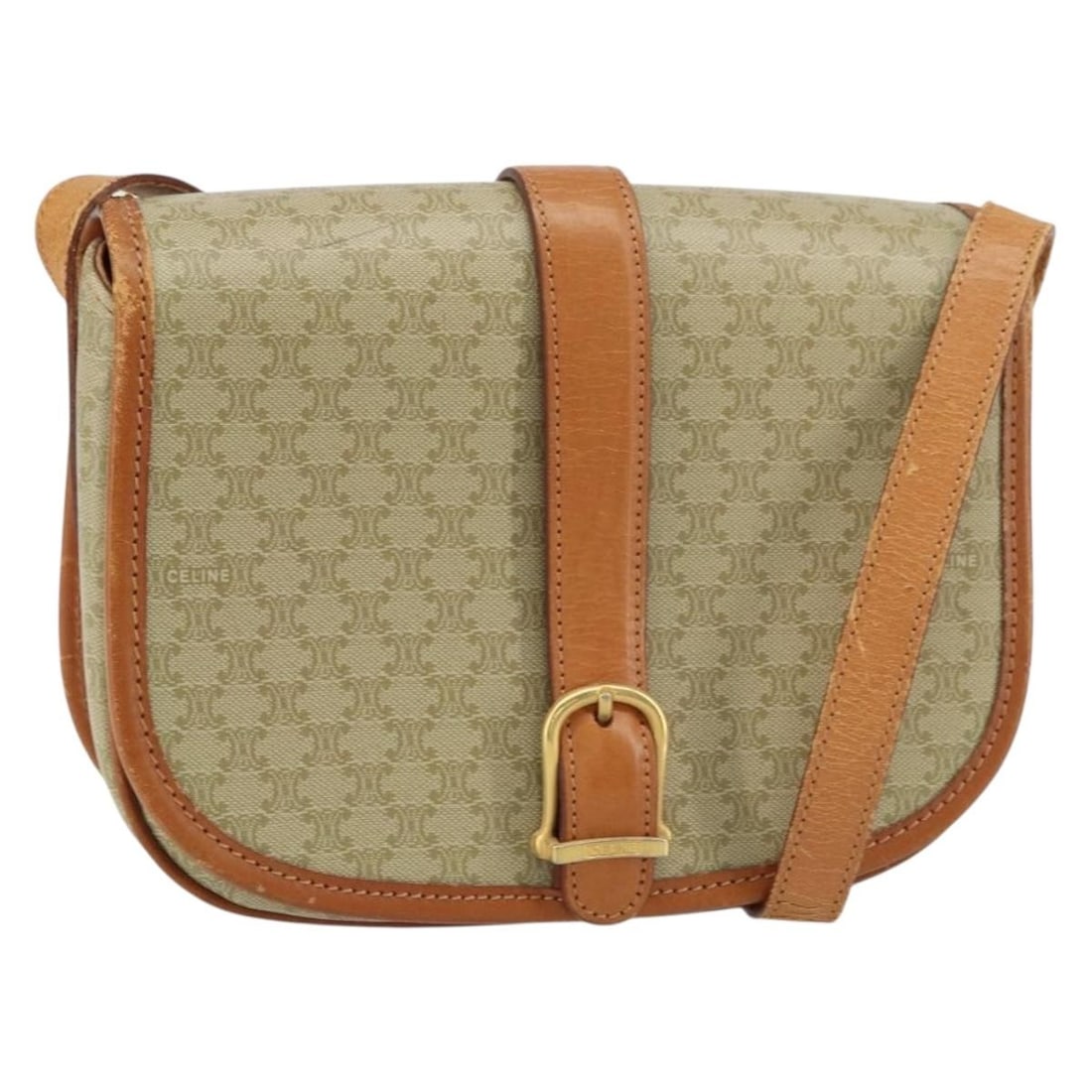 Beige PVC Macadam Canvas Shoulder Purse by CELINE Italy: Beige PVC Macadam Canvas Shoulder Purse by CELINE Italy This CELINE shoulder bag features the iconic Macadam canvas paired with beige and gold PVC leather. Designed in Italy, it offers a compact profi