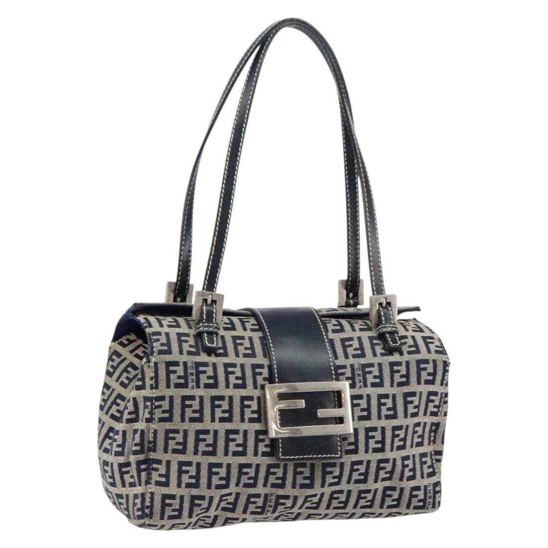 FENDI Zucchino Canvas Hand Bag Navy Silver Authentic 151349 (1 of 18)