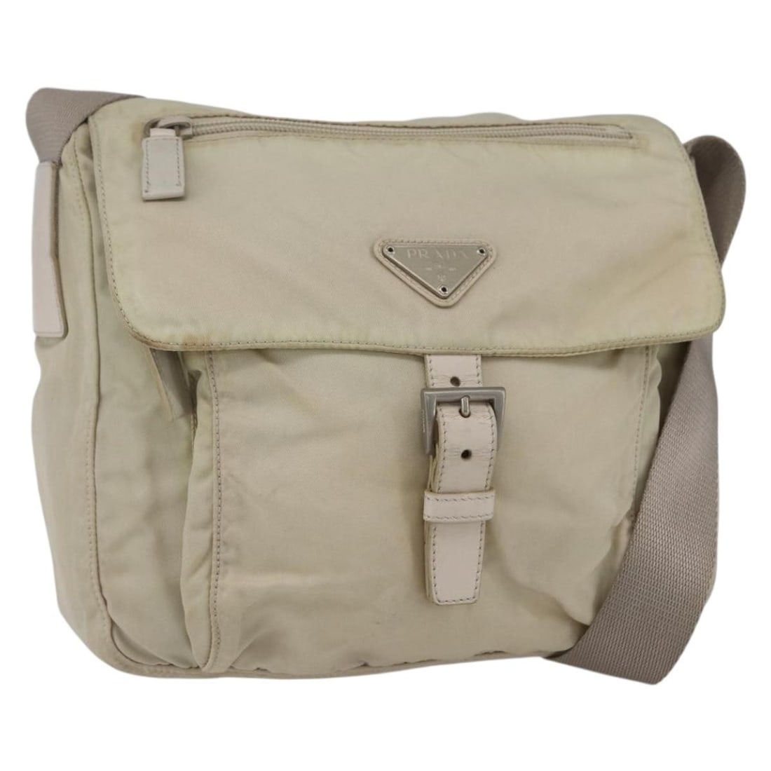 PRADA Beige Silver Nylon Shoulder Bag Auth 151497 Italy: PRADA Beige Silver Nylon Shoulder Bag Auth 151497 Italy This authentic PRADA shoulder bag is crafted from durable nylon in a stylish beige and silver color combination. Perfect for everyday use, it fe