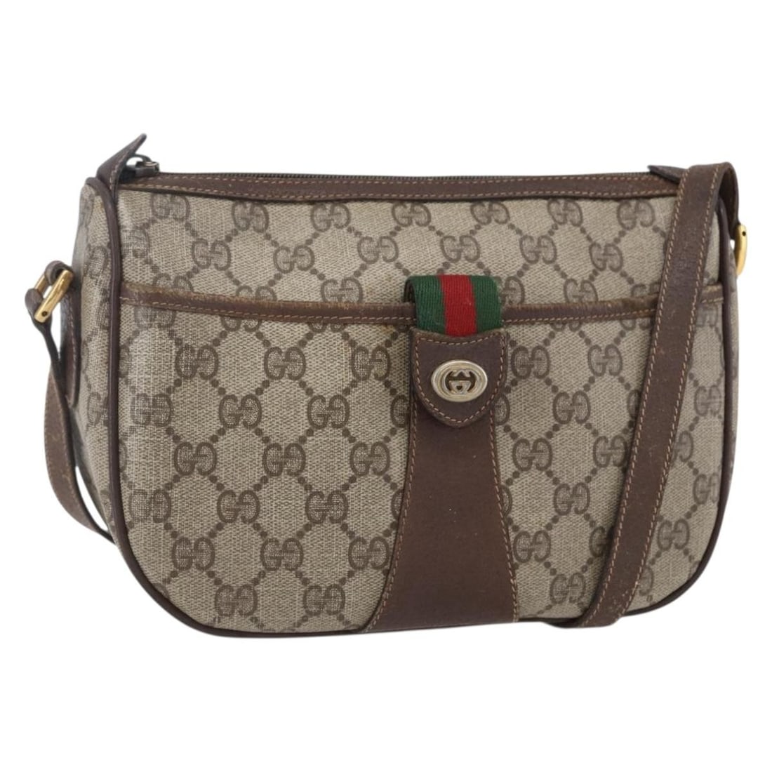 GUCCI GG Supreme Sherry Line Shoulder Bag PVC Beige Gold Red 89 02 032 Auth: GUCCI GG Supreme Sherry Line Shoulder Bag PVC Beige Gold Red 89 02 032 Auth This exquisite GUCCI GG Supreme Web Sherry Line Bag showcases a stylish blend of PVC leather with GG canvas in a sophisticat