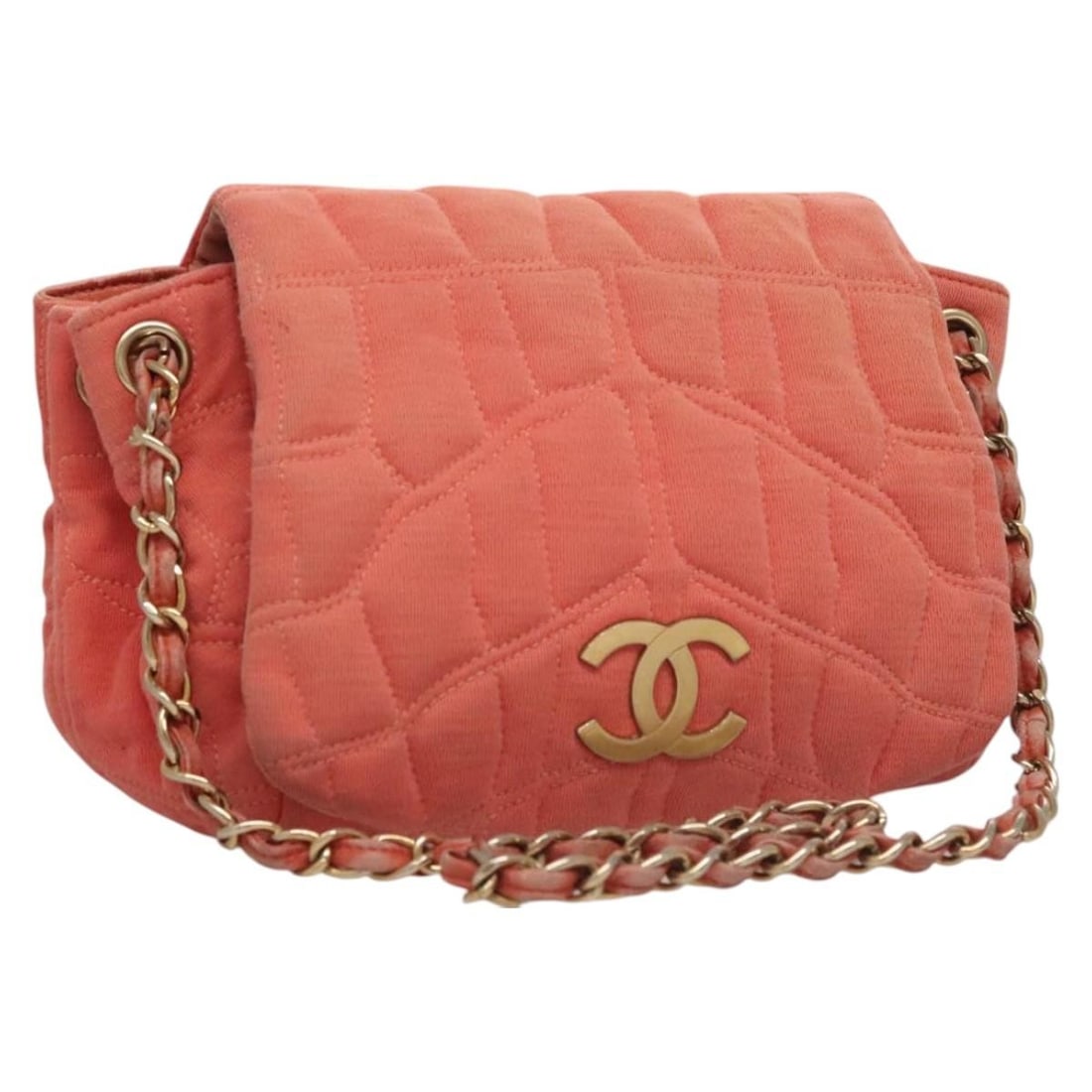 CHANEL Pink Gold Cotton Chain Shoulder Bag Auth 11730856: CHANEL Pink Gold Cotton Chain Shoulder Bag Auth 11730856 This authentic CHANEL Chain Shoulder Bag combines a charming pink and gold exterior with a practical cotton construction. Designed for versatil