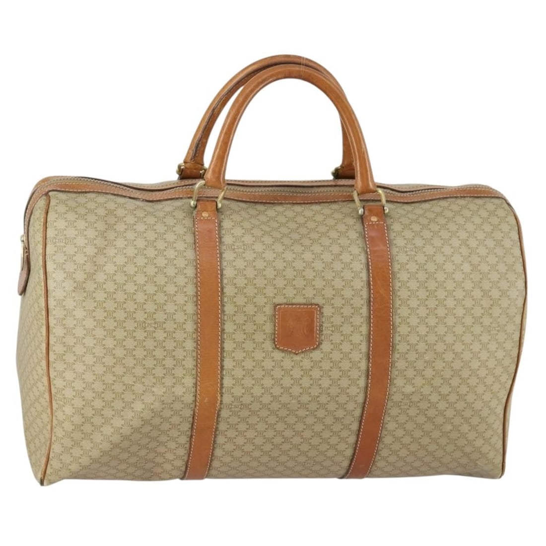 Beige Macadam Canvas Boston Bag by CELINE PVC Leather Gold Accents: Beige Macadam Canvas Boston Bag by CELINE PVC Leather Gold Accents This is a CELINE Boston bag crafted from PVC leather and Macadam canvas in beige and gold tones. Made in Italy, the bag features a sp