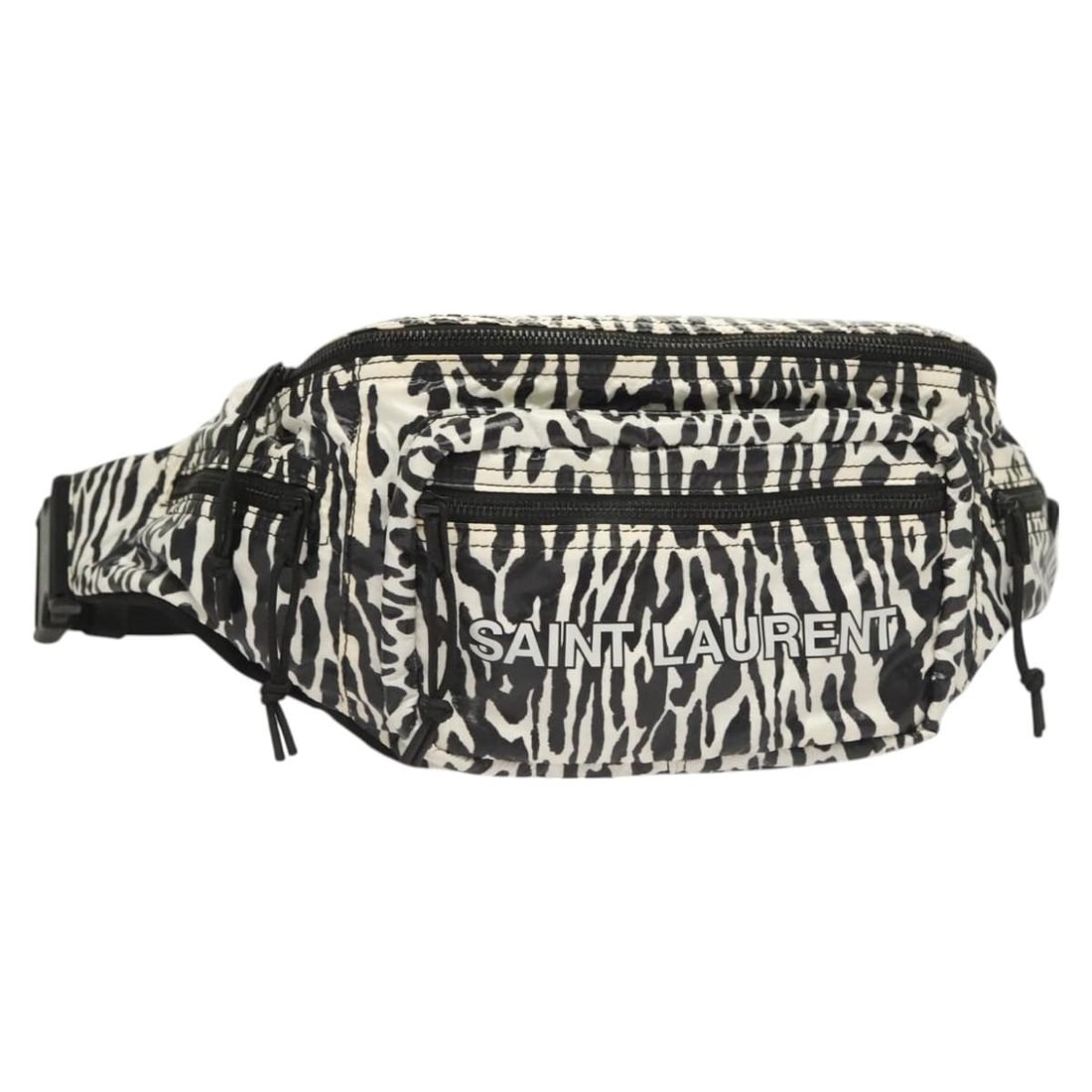 SAINT LAURENT Black White Nylon Waist Bag Italy Auth GAB581375.0721: SAINT LAURENT Black White Nylon Waist Bag Italy Auth GAB581375.0721 This SAINT LAURENT Waist Bag features a sleek black and white nylon exterior, making it a stylish accessory for on-the-go convenienc