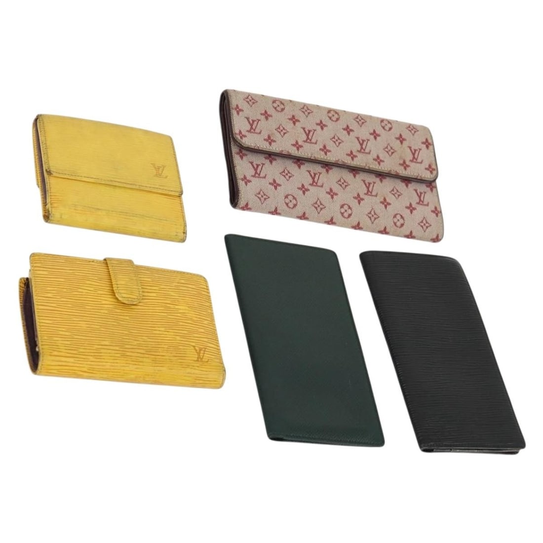 Set of 5 Louis Vuitton Epi Monogram Mini Wallets in Yellow Red and Black: Set of 5 Louis Vuitton Epi Monogram Mini Wallets in Yellow Red and Black This is a set of five Louis Vuitton Epi Monogram Mini Wallets in yellow, red, and black. The wallets are crafted from Monogram