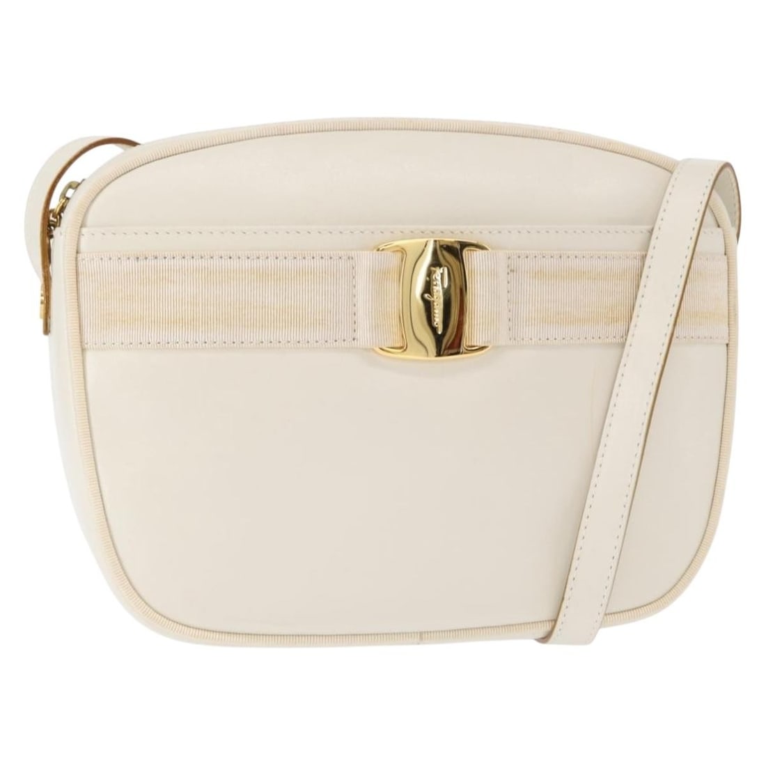 Salvatore Ferragamo Gancini Leather Shoulder Bag White Gold Auth BA8782 (1 of 18)
