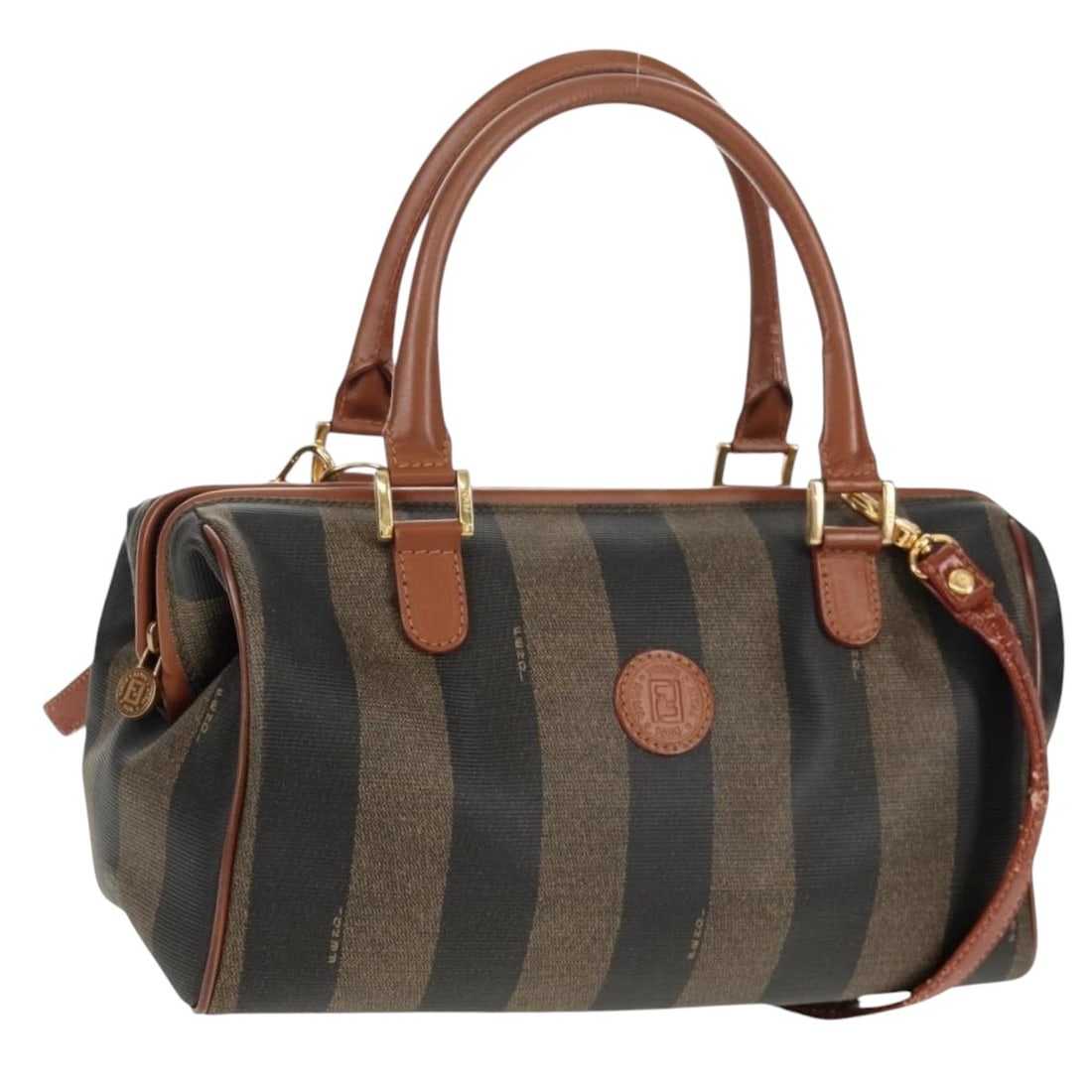 FENDI Pecan Canvas Hand Bag PVC Black Brown with Shoulder Strap: FENDI Pecan Canvas Hand Bag PVC Black Brown with Shoulder Strap This authentic Fendi Pecan Canvas Hand Bag combines style and functionality. Crafted in Italy, it features a unique blend of PVC leather