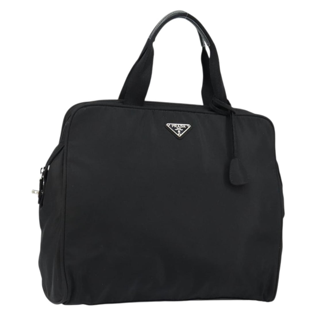 PRADA Black Silver Nylon Tote Bag with Clochette Auth: PRADA Black Silver Nylon Tote Bag with Clochette Auth This authentic PRADA Tote Bag is crafted from durable black nylon with silver accents, making it a stylish and practical accessory. Measuring appr