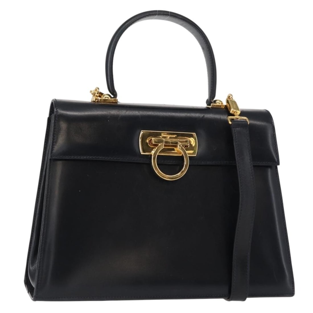 Salvatore Ferragamo Gancini 2way Hand Bag Leather Navy Gold Auth: Salvatore Ferragamo Gancini 2way Hand Bag Leather Navy Gold Auth This Salvatore Ferragamo Gancini Hand Bag is a luxurious accessory that showcases exquisite Italian craftsmanship. The bag features a s