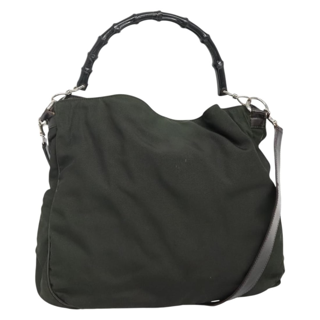 GUCCI Bamboo Hand Bag Nylon Khaki Silver 001 1577 2123 Authentic: GUCCI Bamboo Hand Bag Nylon Khaki Silver 001 1577 2123 Authentic This authentic GUCCI Bamboo Hand Bag features a stylish khaki and silver nylon exterior, perfect for adding a touch of luxury to your e