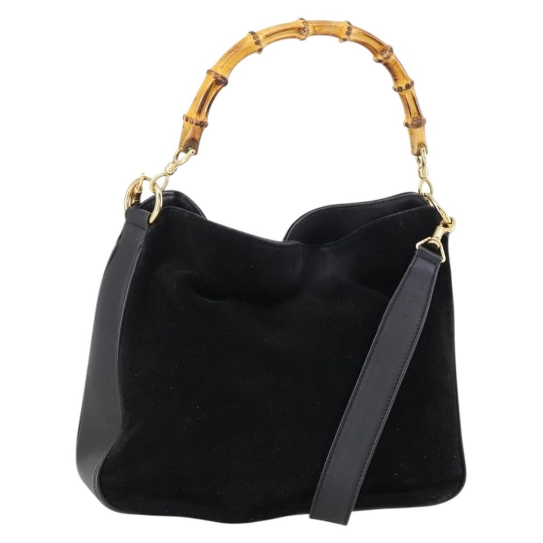 GUCCI Bamboo Suede Leather Hand Bag Black Gold 001 3444 1638 Authentic: GUCCI Bamboo Suede Leather Hand Bag Black Gold 001 3444 1638 Authentic This authentic GUCCI Bamboo Hand Bag features a luxurious suede exterior in a striking black and gold color combination. Designed