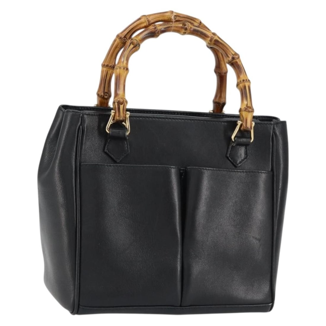 GUCCI Bamboo Hand Bag Leather Black Gold 000 122 0316 Auth Italy (1 of 18)