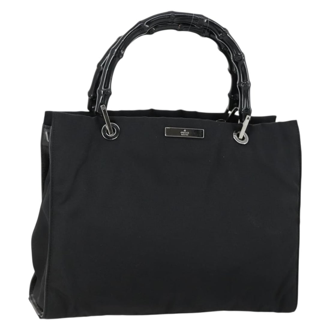 GUCCI GG Canvas Bamboo Hand Bag Black Silver 002 1016 Authentic: GUCCI GG Canvas Bamboo Hand Bag Black Silver 002 1016 Authentic This authentic GUCCI GG Canvas Bamboo Hand Bag is a stylish accessory crafted in Italy. Made from durable nylon with a striking black an