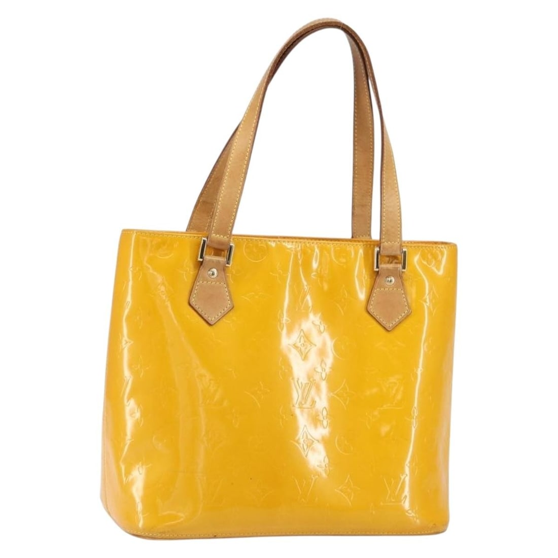 Louis Vuitton Houston Monogram Vernis Jaune Patent Leather Handbag M91121: Louis Vuitton Houston Monogram Vernis Jaune Patent Leather Handbag M91121 This LOUIS VUITTON Monogram Vernis Houston handbag features a patent leather exterior in Jaune, offering a distinctive glossy