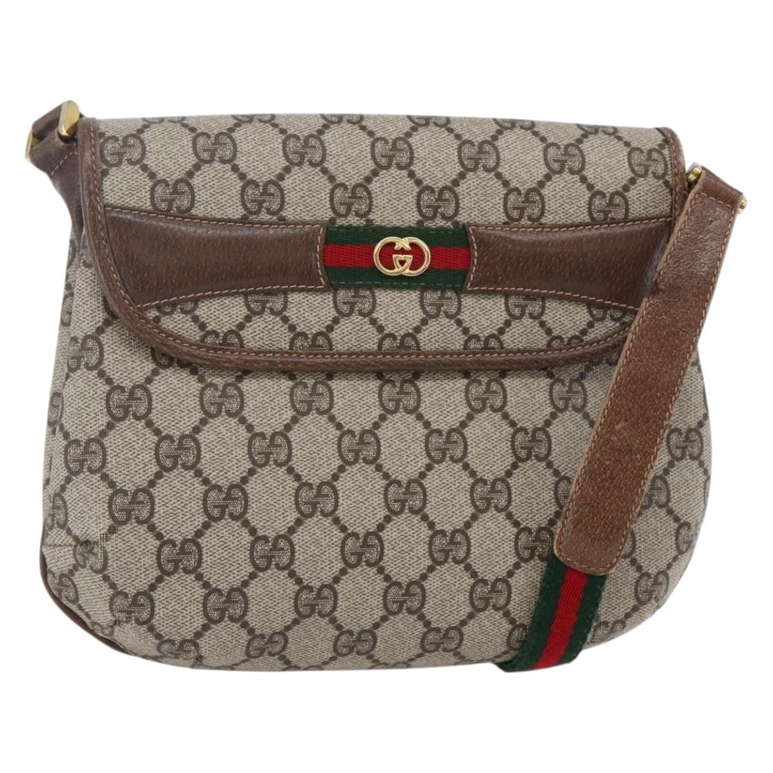 GUCCI GG Canvas Web Sherry Line Beige Green Shoulder Bag PVC Leather Italy Auth (1 of 18)