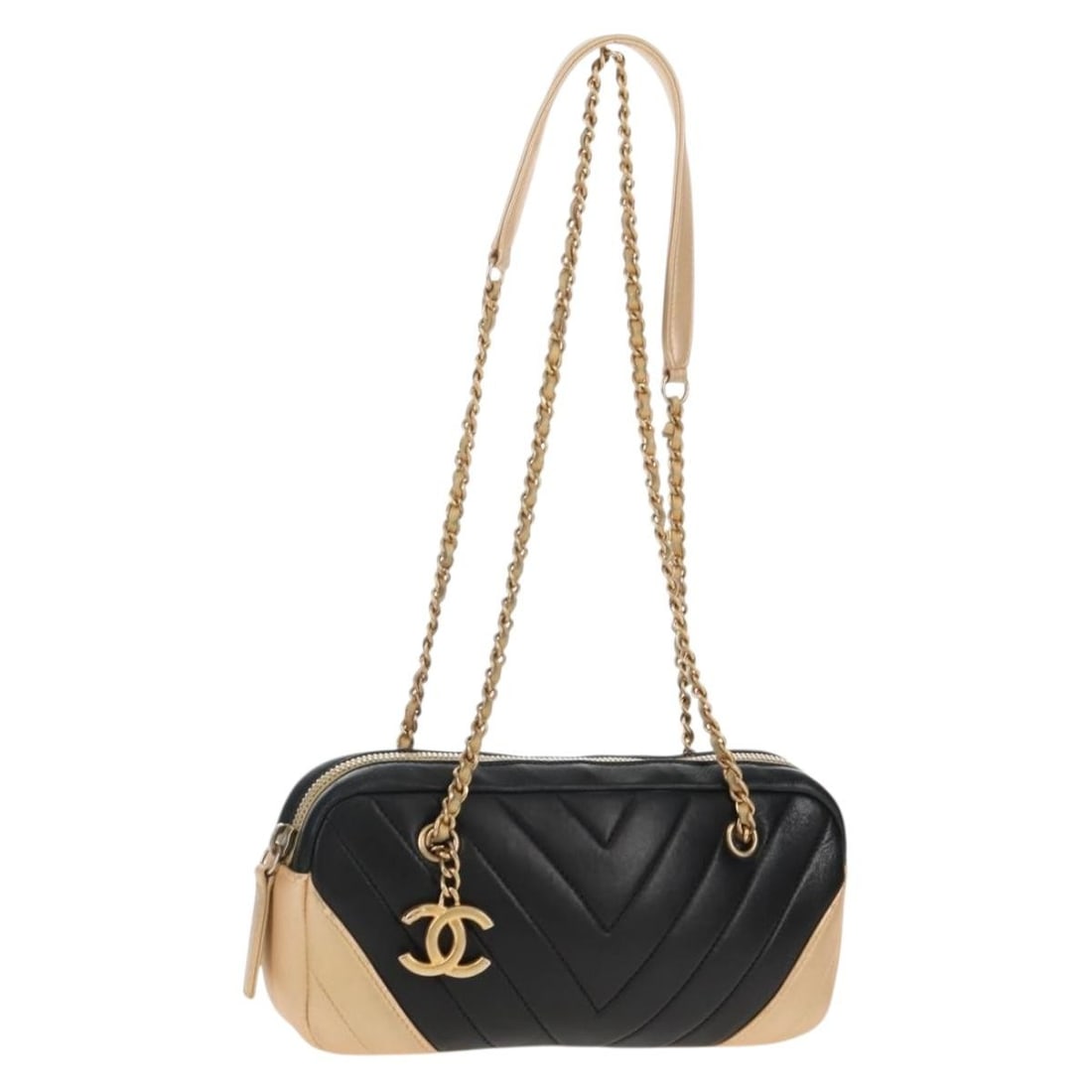 CHANEL Black Lamb Skin V-Stitched Chain Shoulder Bag with Auth Card: CHANEL Black Lamb Skin V-Stitched Chain Shoulder Bag with Auth Card This exquisite CHANEL V-stitched Chain Shoulder Bag is crafted from luxurious lambskin leather in a classic black hue. With a stylis