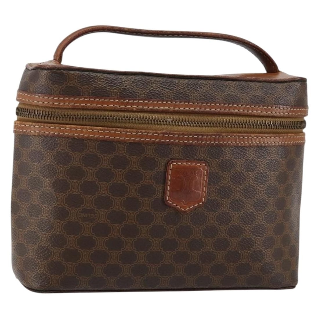 CELINE Brown Gold PVC Leather Macadam Vanity Pouch Auth Made in Italy: CELINE Brown Gold PVC Leather Macadam Vanity Pouch Auth Made in Italy This authentic CELINE Macadam Canvas Vanity Pouch is a stylish accessory crafted from durable PVC leather in an elegant brown and