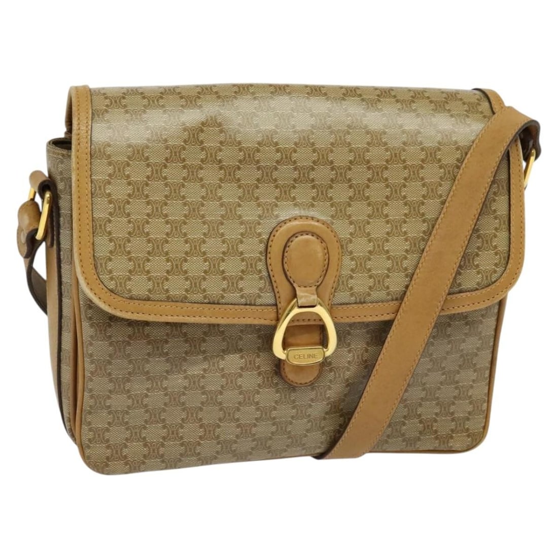 CELINE Macadam PVC Leather Shoulder Bag Brown Gold Made in Italy: CELINE Macadam PVC Leather Shoulder Bag Brown Gold Made in Italy This stylish CELINE Macadam Canvas Shoulder Bag is crafted from durable PVC leather in a sophisticated brown and gold color combination