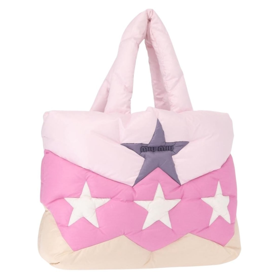 Pink Nylon Miu Miu Tote Bag with Leather Trim and Dust Bag: Pink Nylon Miu Miu Tote Bag with Leather Trim and Dust Bag This Miu Miu padded tote bag features a pink nylon exterior and is crafted in Italy. The bag offers a spacious interior and comfortable handl