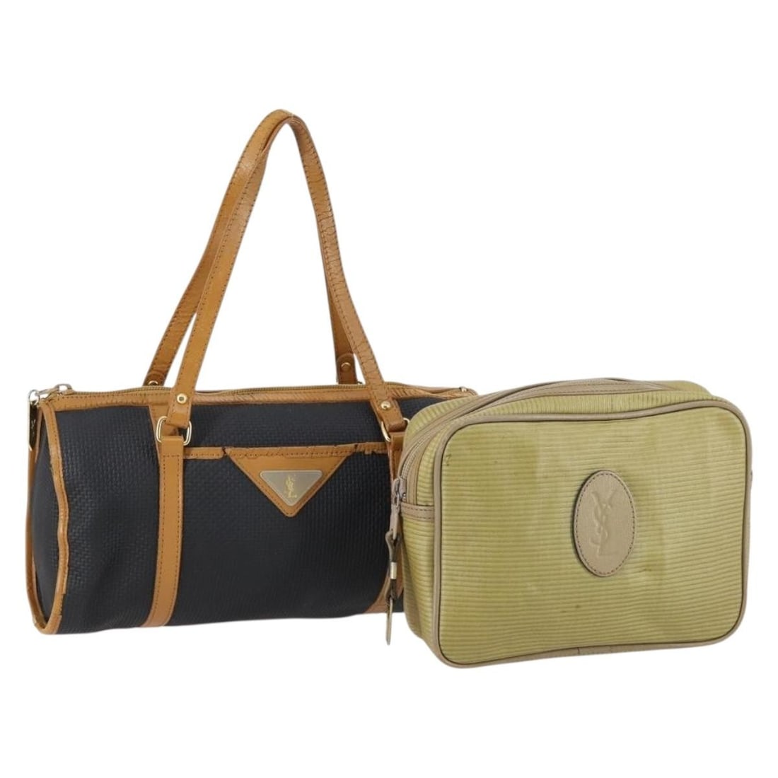 SAINT LAURENT Black Gold Beige Leather Hand Bag Set of 2 Auth: SAINT LAURENT Black Gold Beige Leather Hand Bag Set of 2 Auth This stylish Saint Laurent hand bag showcases a chic combination of black, gold, and beige leather, making it a versatile addition to any