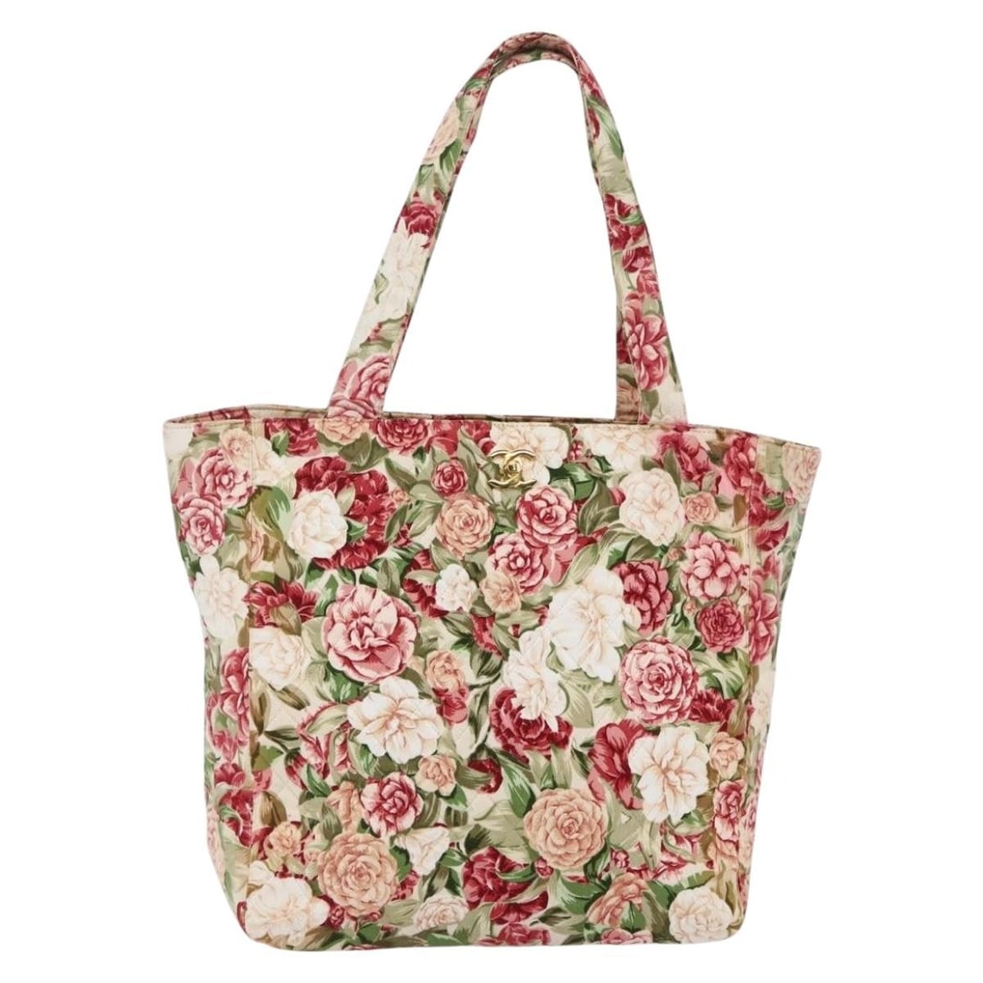 CHANEL Flower Pattern Canvas Tote Bag Cream Red Gold Auth 5318135: CHANEL Flower Pattern Canvas Tote Bag Cream Red Gold Auth 5318135 This authentic CHANEL Flower Pattern Tote Bag features a stylish blend of cream, red, and gold colors, crafted from durable canvas. Th