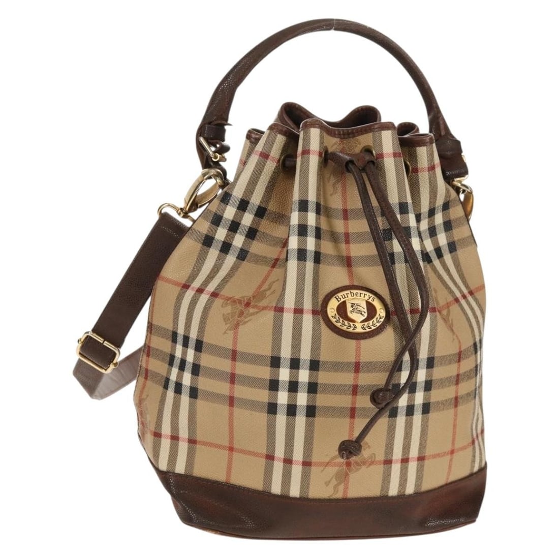 Burberrys Nova Check PVC Hand Bag Beige Gold 2way Authentic: Burberrys Nova Check PVC Hand Bag Beige Gold 2way Authentic This Burberrys Nova Check Hand Bag showcases a stylish blend of PVC leather in a chic beige and gold color palette. Crafted in England, this
