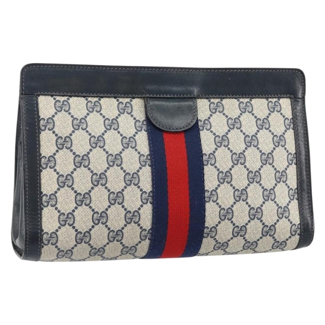 GUCCI GG Supreme Sherry Line Navy Red Clutch Bag PVC Italy Auth 144387: GUCCI GG Supreme Sherry Line Navy Red Clutch Bag PVC Italy Auth 144387 Elevate your accessory collection with this authentic GUCCI GG Supreme Sherry Line Clutch Bag. Crafted from durable PVC leather,