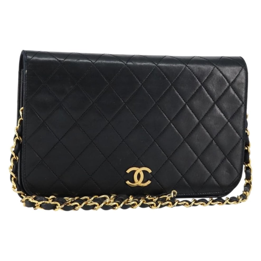 CHANEL Matelasse Shoulder Bag Lamb Skin Black Gold Auth: CHANEL Matelasse Shoulder Bag Lamb Skin Black Gold Auth This CHANEL Matelasse Chain Shoulder Bag is crafted from luxurious lambskin leather in a timeless black and gold color combination. The bag meas