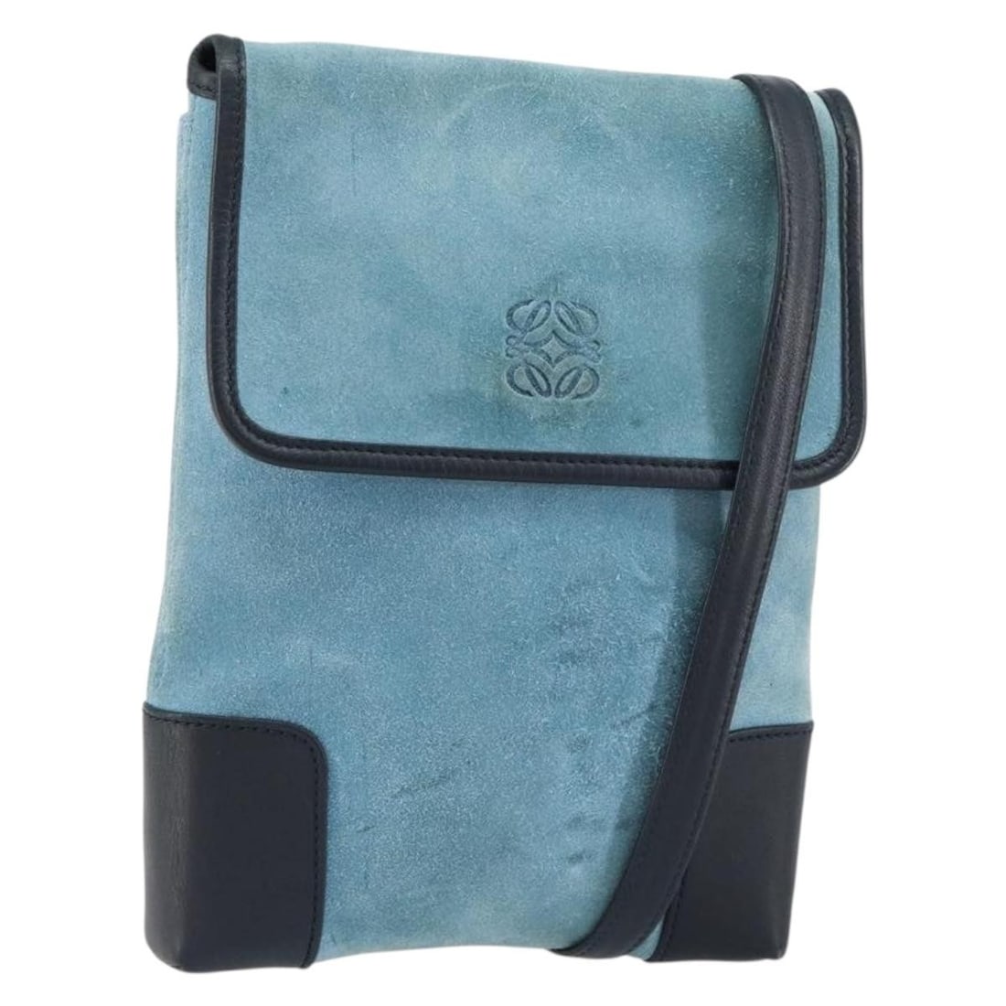 LOEWE Anagram Suede Shoulder Bag Light Blue Navy Authentic: LOEWE Anagram Suede Shoulder Bag Light Blue Navy Authentic This LOEWE Anagram Shoulder Bag is a stylish accessory crafted in Spain from soft suede leather in a striking light blue and navy color combi