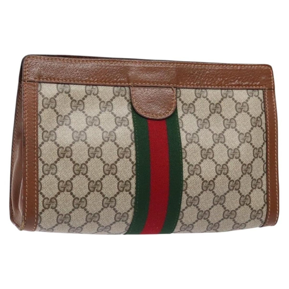 GUCCI GG Supreme Web Sherry Clutch Bag Beige Red PVC 010 378 Auth: GUCCI GG Supreme Web Sherry Clutch Bag Beige Red PVC 010 378 Auth This authentic GUCCI GG Supreme Web Sherry Line Clutch Bag is a stylish accessory for any occasion. Crafted in Italy, it features a co