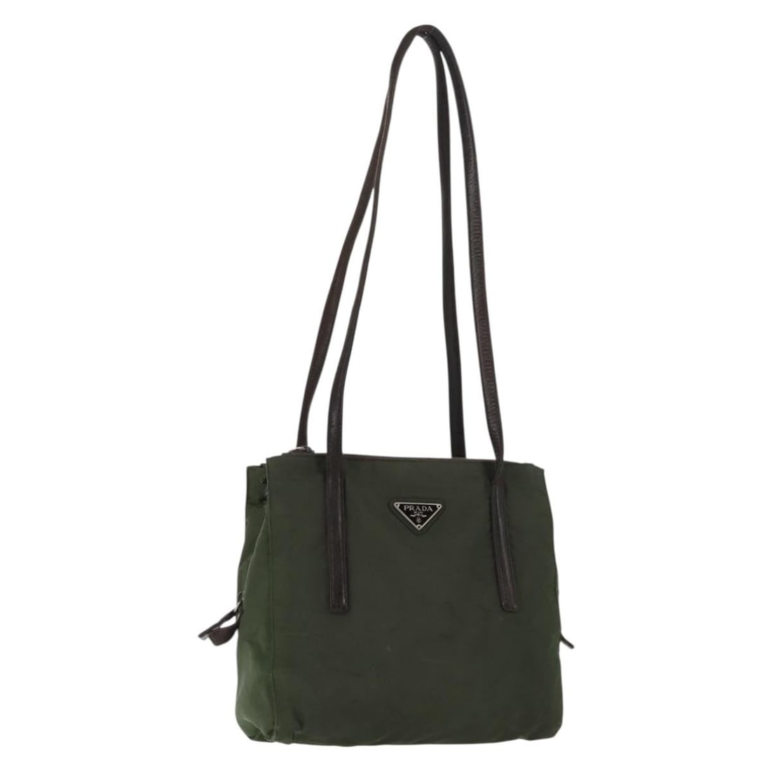 Authentic PRADA Khaki Silver Nylon Tote Bag Italy: Authentic PRADA Khaki Silver Nylon Tote Bag Italy This authentic PRADA tote bag is a stylish accessory crafted from durable nylon in a sophisticated khaki and silver color scheme. Originating from Ita