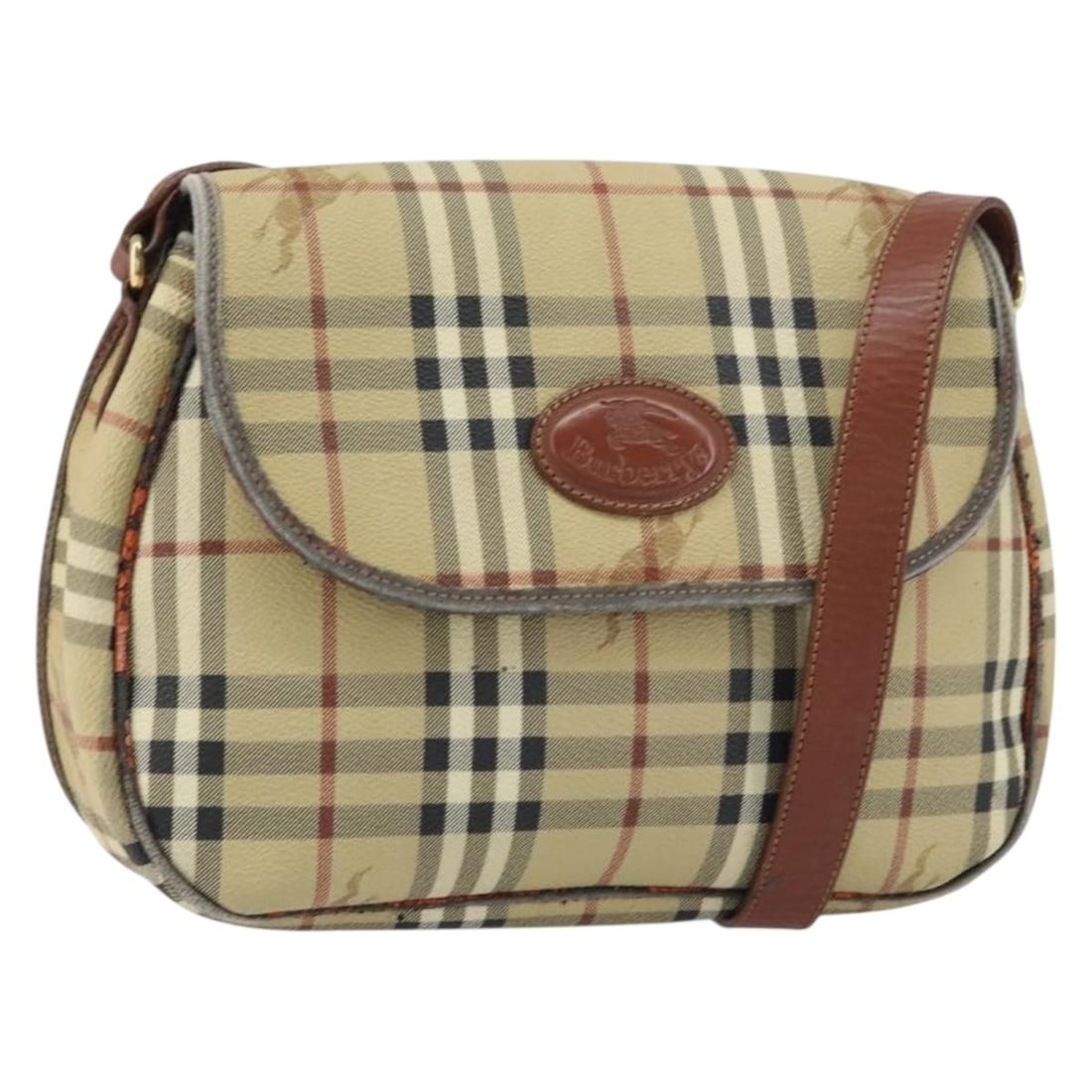 Beige PVC Leather Burberrys Nova Check Shoulder Purse from Italy: Beige PVC Leather Burberrys Nova Check Shoulder Purse from Italy This Burberrys shoulder bag features the iconic Nova Check pattern in beige and gold PVC leather. Made in Italy, the bag is designed wi