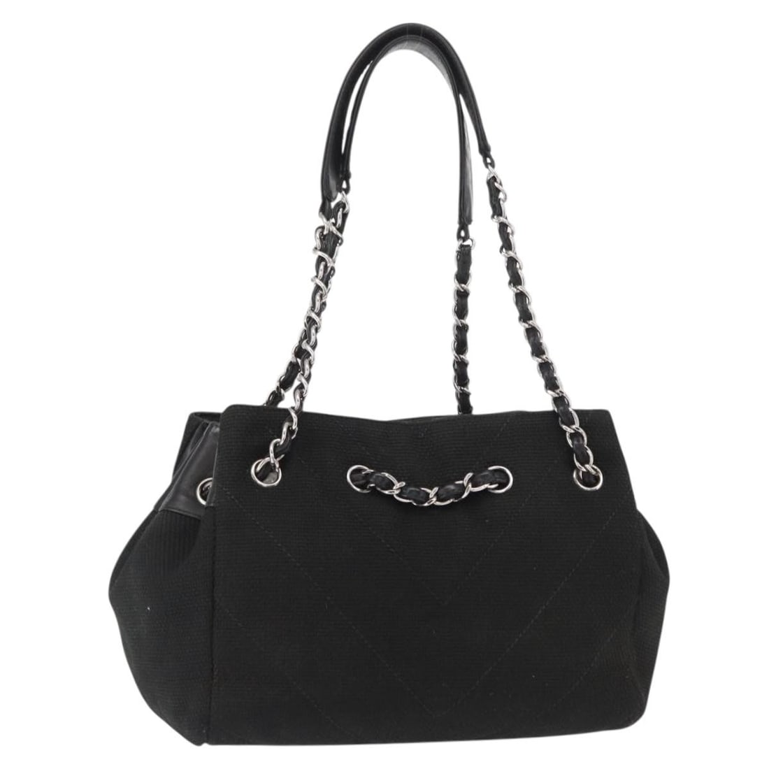 CHANEL Black Silver Canvas Matelasse Shoulder Bag with Dust Bag Auth 156626V: CHANEL Black Silver Canvas Matelasse Shoulder Bag with Dust Bag Auth 156626V This CHANEL Matelasse Chain Shoulder Bag is a luxurious accessory crafted in France from durable black canvas, accented wit
