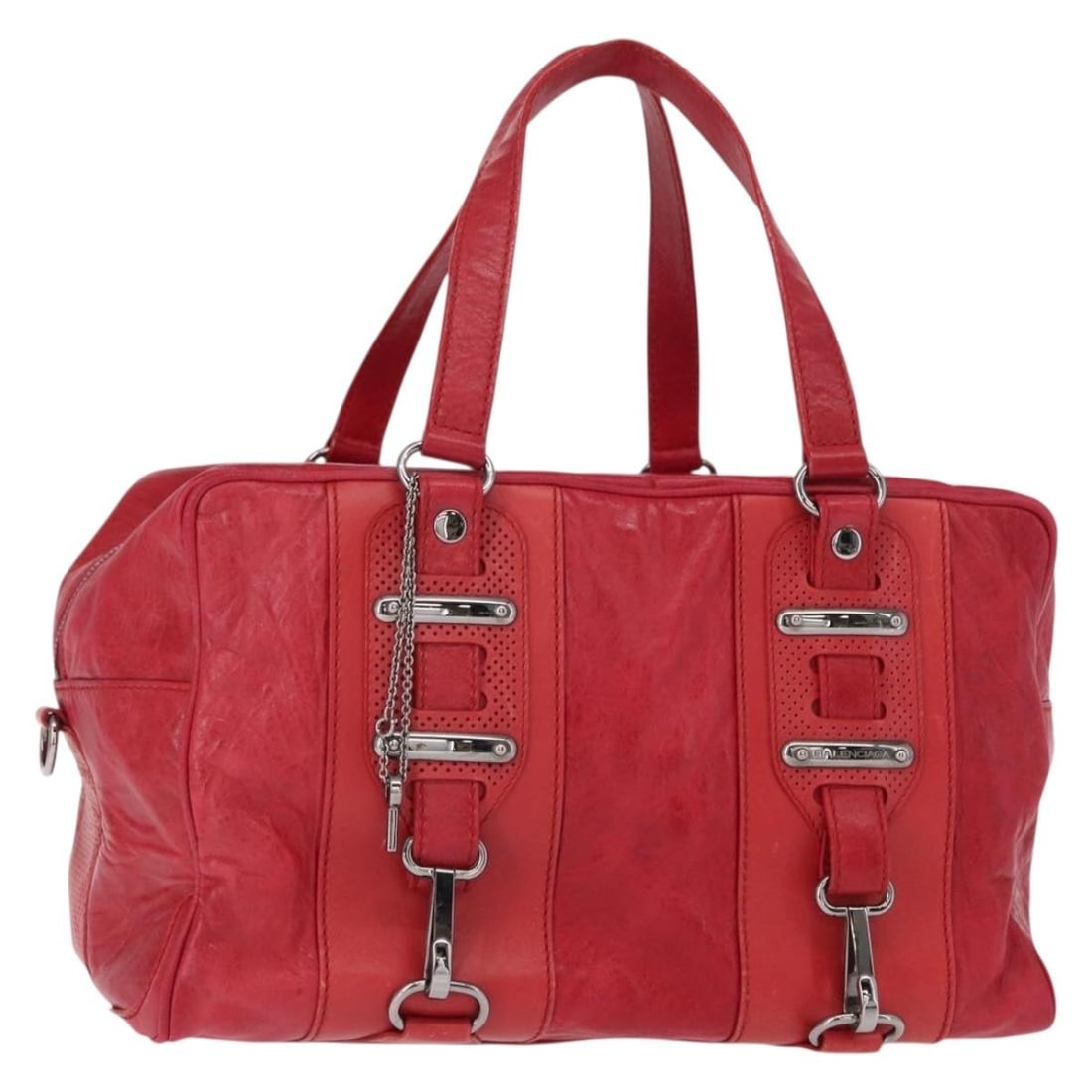 BALENCIAGA Red Leather Hand Bag Silver Hardware Authentic: BALENCIAGA Red Leather Hand Bag Silver Hardware Authentic This authentic Balenciaga hand bag is crafted from high-quality leather, featuring a striking red and silver color scheme. Designed for style