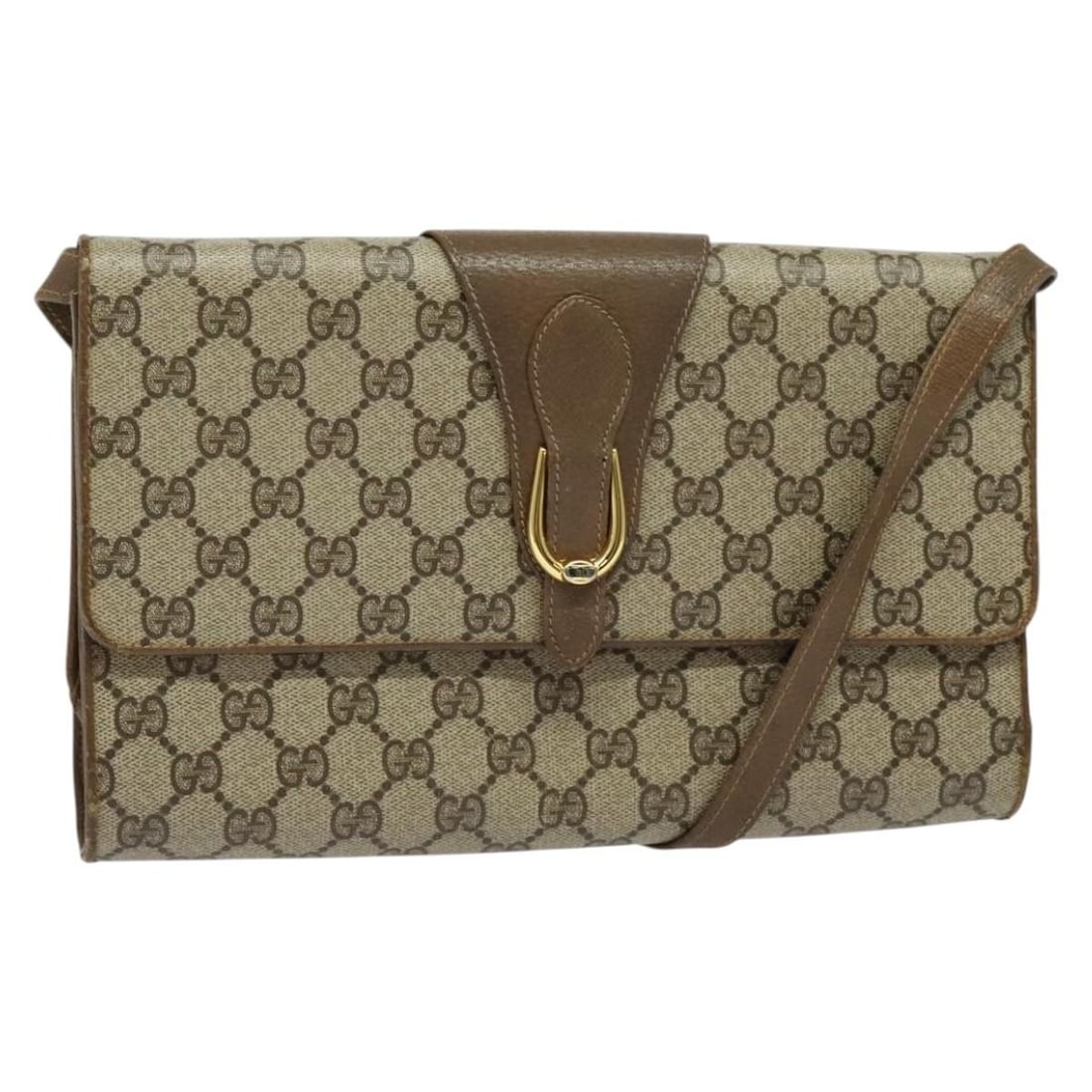 GUCCI GG Supreme Beige Gold PVC Shoulder Bag 94 02 050 Auth: GUCCI GG Supreme Beige Gold PVC Shoulder Bag 94 02 050 Auth This Gucci GG Supreme Shoulder Bag showcases a chic design in a stunning beige and gold color scheme. Crafted from durable PVC leather and G