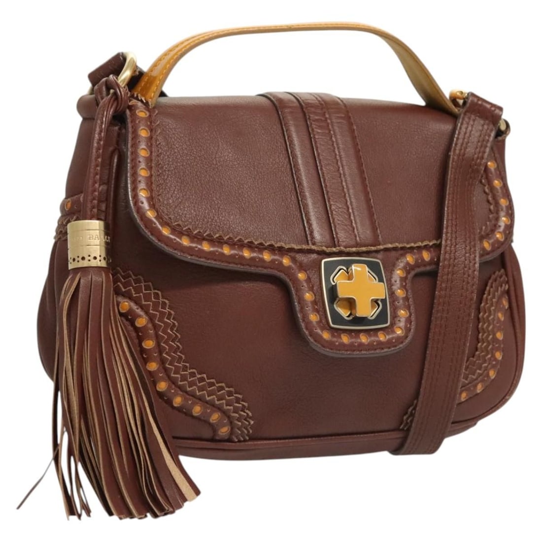 BALLY Leather Hand Bag Brown Gold Italy 2-Way Authentic (1 of 18)