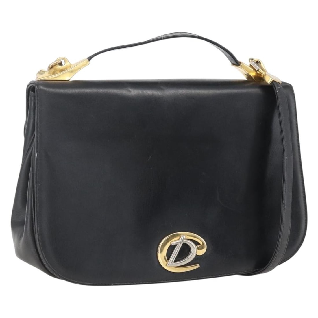 Black Leather Christian Dior Two Way Handbag with Gold Accents and Strap: Black Leather Christian Dior Two Way Handbag with Gold Accents and Strap This Christian Dior 2-way handbag features black leather with gold-tone accents. The bag comes with a detachable shoulder strap