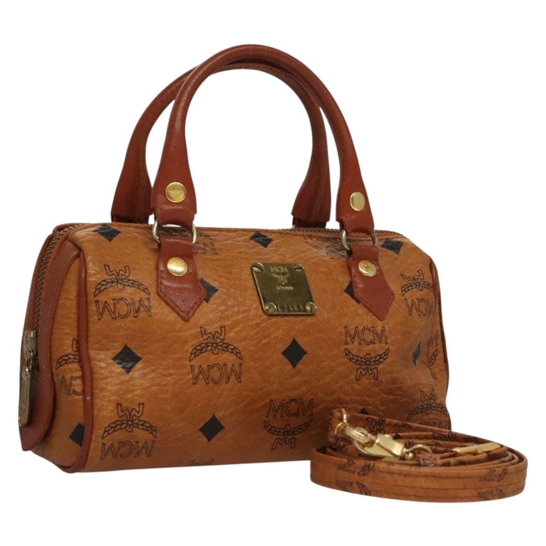 MCM Logogram Vicetos Mini Boston Bag PVC Leather Brown Gold 2way: MCM Logogram Vicetos Mini Boston Bag PVC Leather Brown Gold 2way This MCM Logogram Vicetos Mini Boston Bag is a stylish accessory crafted from durable PVC leather in an elegant brown and gold color sc